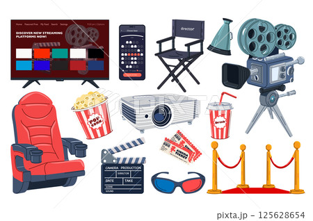 Movie set in flat graphic design. Collection isolated elements of streaming service, online booking tickets, seats, director chair, video camera, cinema armchair, popcorn, other. Vector illustration. Movie set in flat graphic design. Collection isolated elements of streaming service, online booking tickets, seats, director chair, video camera, cinema armchair, popcorn, other. Vector illustration. 125628654