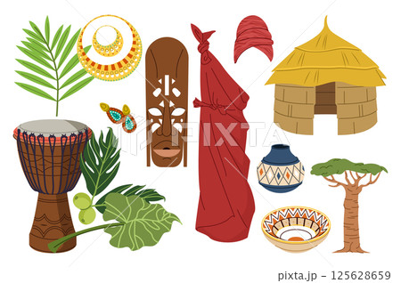 Africa culture set in flat graphic design. Collection isolated elements of ritual tribal mask, ethnic clothes, jewelry earrings and necklace, palm leaf, drum djembe, house, other. Vector illustration. Africa culture set in flat graphic design. Collection isolated elements of ritual tribal mask, ethnic clothes, jewelry earrings and necklace, palm leaf, drum djembe, house, other. Vector illustration. 125628659