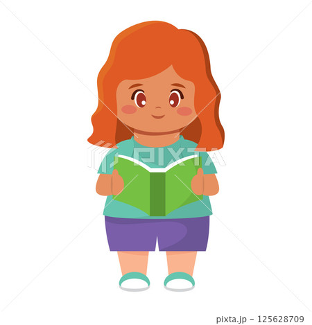 Happy girl reading book. Vector 125628709