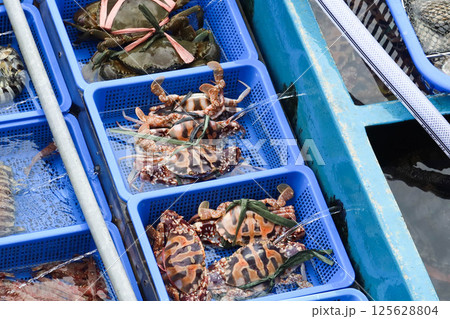 seafood market selling on the boat in Sai Kung, Hong Kong with different kinds of crabs and prawns in blue plastic tray on the boat 125628804