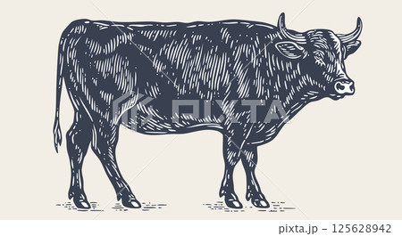 Cow, bull, beef. Vintage retro print, black white cow, bull, beef sketch ink pencil drawing, engrave old school. Sketch artwork silhouette head cow. Side view profile beef bull. Vector Illustration Cow, bull, beef. Vintage retro print, black white cow, bull, beef sketch ink pencil drawing, engrave old school. Sketch artwork silhouette head cow. Side view profile beef bull. Vector Illustration 125628942