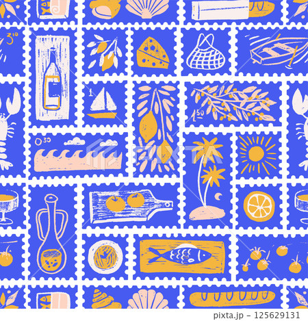 Sicilia amalfi seamless pattern with postage stamps decorated with lemons and sea elements. Vintage Italian print, wall art, travel postcard stamp, summer yellow and blue background. Vector 125629131