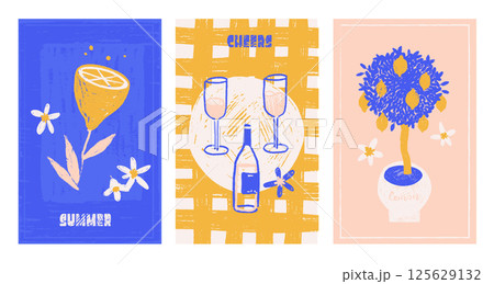 Italian summer vacation doodle style cards or covers set. Pencil or chalk hand drawn Italy lemons and wine print elements. Sea weekend or rest collection for invitations to beach party, picnic. Vector Italian summer vacation doodle style cards or covers set. Pencil or chalk hand drawn Italy lemons and wine print elements. Sea weekend or rest collection for invitations to beach party, picnic. Vector 125629132