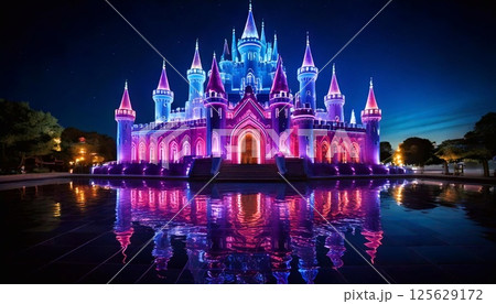 Neon lights illuminate a stunning castle, casting colorful reflections in the water at night 125629172