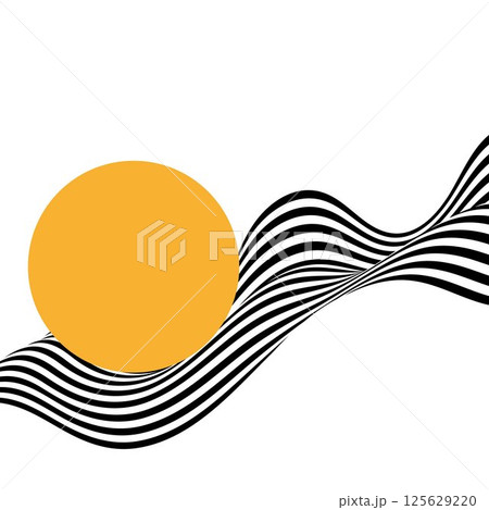 Abstract background of black and white wavy stripes with orange circle on a white background. Illusion. Eps 10 Abstract background of black and white wavy stripes with orange circle on a white background. Illusion. Eps 10 125629220