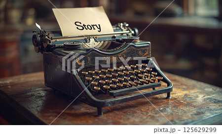 A vintage typewriter displays "Story" on a piece of paper, ready for storytelling and writing. 125629299