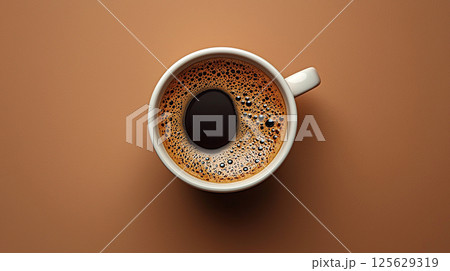 Overhead shot of a white coffee cup filled with dark coffee, foam on a brown background. 125629319