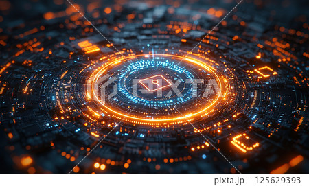 A futuristic digital circuit board with an illuminated lock symbol represents cyber security. 125629393