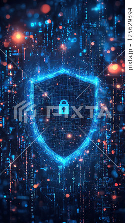A glowing shield with a padlock symbolizes digital security and cybersecurity in the network. 125629394