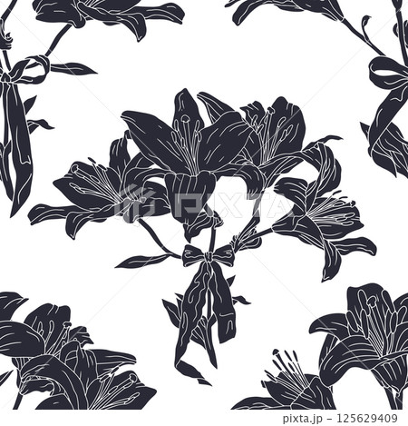 Black and white vintage seamless pattern with hand drawn lily flowers and fancy bow knots silhouettes. Monochrome boho floral repeat wallpaper Black and white vintage seamless pattern with hand drawn lily flowers and fancy bow knots silhouettes. Monochrome boho floral repeat wallpaper 125629409