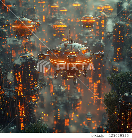 A futuristic city with flying vehicles against a backdrop of glowing orange lights and tall buildings. 125629536