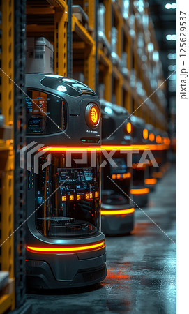 Rows of advanced robots transport goods in a modern, automated warehouse setting. 125629537
