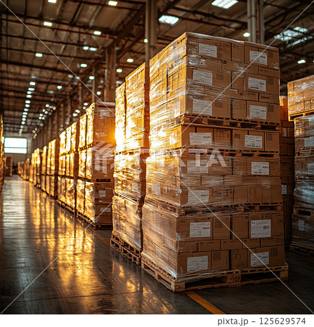 A wide shot captures packed boxes stacked on pallets, highlighting a vast warehouse storage area. 125629574