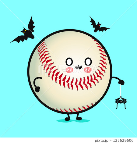 A cute Baseball character with bats and a spider prepares for Halloween in a cheerful cartoon style. 125629606