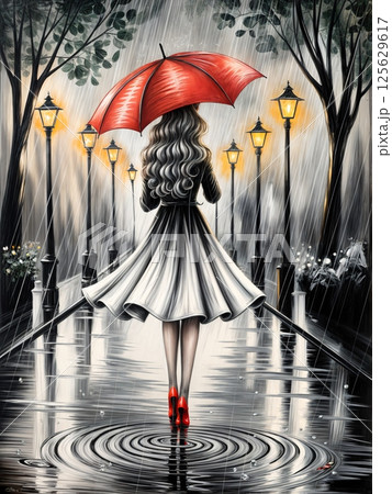 Portrait of a girl with a red umbrella Portrait of a girl with a red umbrella 125629617