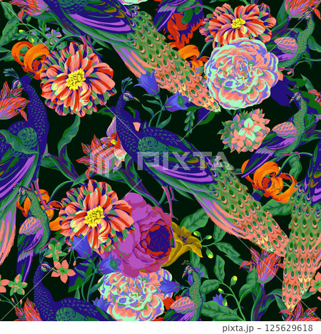 Seamless pattern with peacock and painting rococo still-lifes flowers. Vector. Seamless pattern with peacock and painting rococo still-lifes flowers. Vector. 125629618