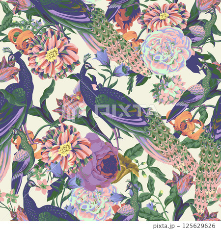Seamless pattern with peacock and painting rococo still-lifes flowers. Vector. Seamless pattern with peacock and painting rococo still-lifes flowers. Vector. 125629626