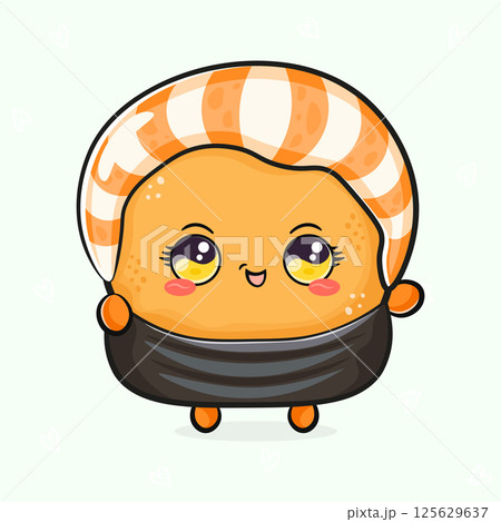 An adorable, animated Sushi character smiling brightly, perfect for food-related content and designs. 125629637