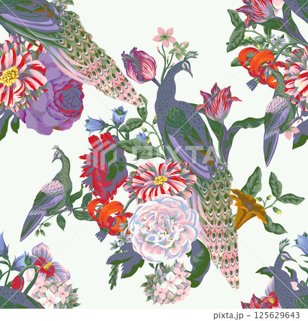Seamless pattern with peacock and painting rococo still-lifes flowers. Vector. 125629643