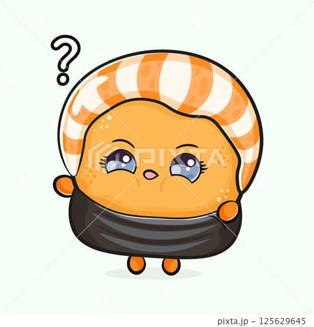 An adorable cartoon Sushi character with a question mark above its head, looking puzzled and cute. 125629645