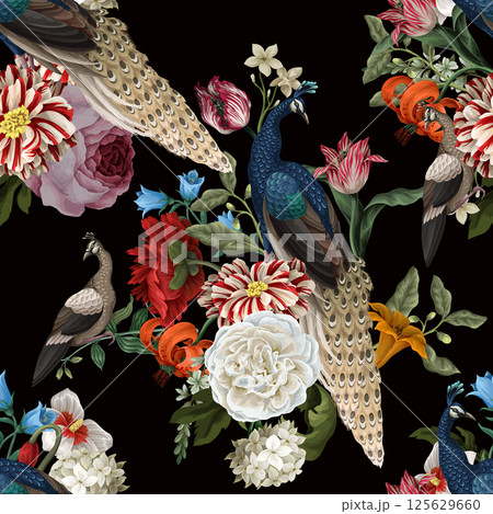 Seamless pattern with peacock and painting rococo still-lifes flowers. Vector. Seamless pattern with peacock and painting rococo still-lifes flowers. Vector. 125629660