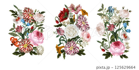 Bouquets with oil painting rococo still-lifes flowers. Vector. 125629664