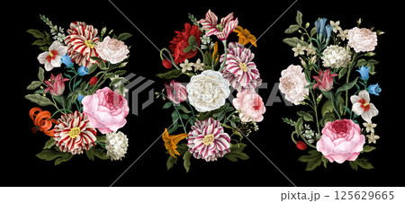 Bouquets with oil painting rococo still-lifes flowers. Vector. 125629665