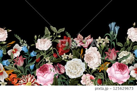 Border pattern with oil painting rococo still-lifes flowers. Vector. 125629673