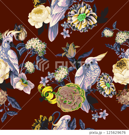 Seamless pattern with parrots and painting rococo still-lifes flowers. Vector. 125629676