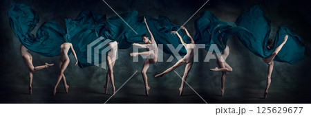 Series of ballet poses captured in motion with emerald fabric forming elegant wave, highlighting movement. Series of ballet poses captured in motion with emerald fabric forming elegant wave, highlighting movement. 125629677