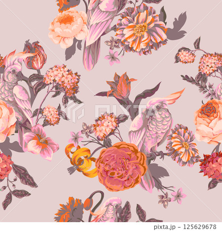 Seamless pattern with parrots and painting rococo still-lifes flowers. Vector. Seamless pattern with parrots and painting rococo still-lifes flowers. Vector. 125629678