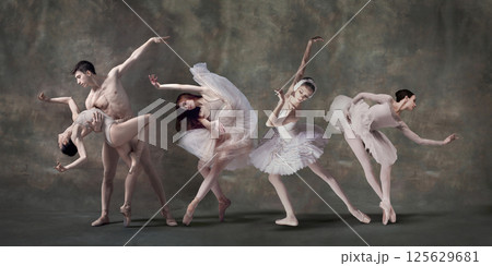 Collage. Ballet male and female, moving with elegance, dancers captured in dramatic pose against vintage studio background. 125629681