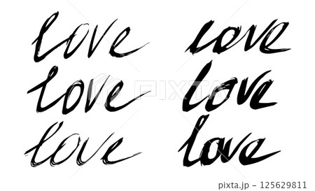 Collection of cursive ink hand drawn capital letters LOVE, black grunge handwriting, love concept, set of hand drawn black lettering LOVE, Mother's Day, Valentine's Day, International Women's Day 125629811