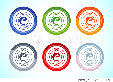 High calcium icon design illustration, High calcium label, logo, sign, symbol, 6 color button design set 125629909