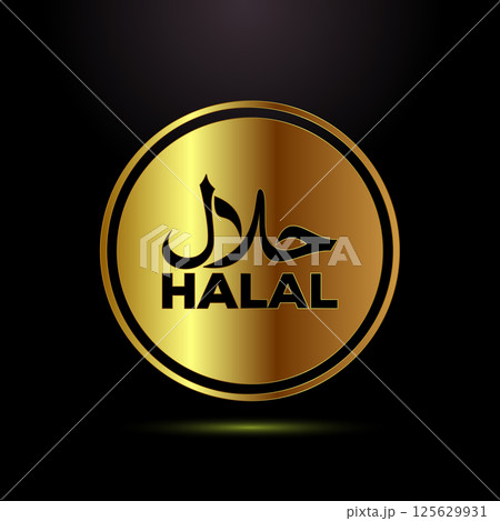 Halal icon design illustration, Halal Certificate tag, Islamic approved sign symbol in gold color style 125629931