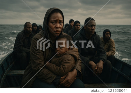 A group of people on a small boat, showing fear and uncertainty, representing migration due to economic crisis. 125630044