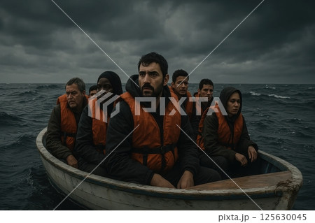 A small group of people in a lifeboat on a turbulent sea under a stormy sky, symbolizing migration and struggle 125630045