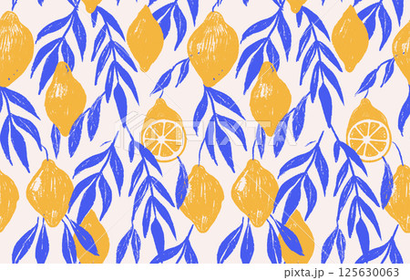 Amalfi seamless pattern with Mediterranean lemon motifs in yellow and blue. Pencil Hatching textured design elements of fruit with leaves. Elegant prints for textiles. Hand drawn vector illustration. 125630063