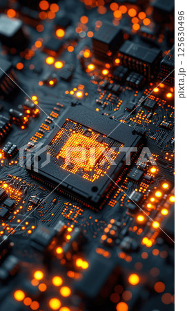 Vibrant close-up of a computer processor, illuminating modern technology and innovation. 125630496