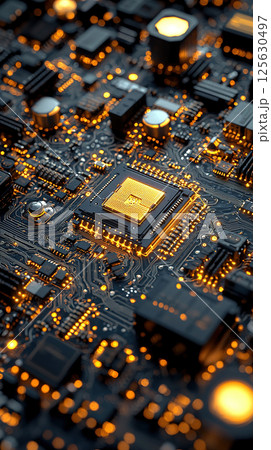 Intricate computer motherboard with processor, illuminated with warm light, showing advanced technology. 125630497