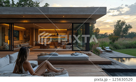 A luxurious modern home at sunset, featuring a woman relaxing on a patio overlooking a beautiful pool. 125630520