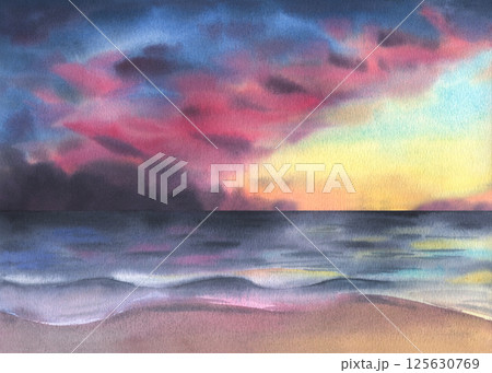 Vibrant sunset over a tranquil ocean, painted in soft watercolor hues of gold, pink, and purple. Ideal for travel posters, wall art, branding, social media. A serene, dreamy backdrop for any project. Vibrant sunset over a tranquil ocean, painted in soft watercolor hues of gold, pink, and purple. Ideal for travel posters, wall art, branding, social media. A serene, dreamy backdrop for any project. 125630769