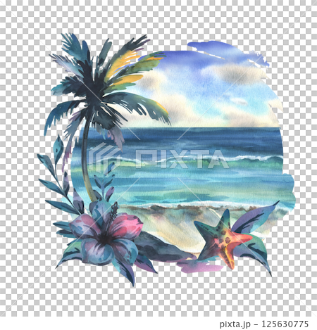 Seascape daytime with sky, sea and shore in the form of a circle decorated with palm trees, starfish, flowers and leaves. Watercolor illustration hand drawn. Arrangement isolated from the background. Seascape daytime with sky, sea and shore in the form of a circle decorated with palm trees, starfish, flowers and leaves. Watercolor illustration hand drawn. Arrangement isolated from the background. 125630775