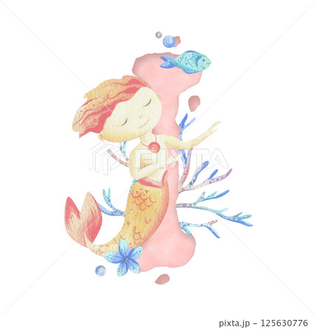 Capital letter of the Latin alphabet I with a mermaid and seaweed, corals, shells, bubbles. In gentle pastel colors of blue, turquoise, coral and pink. Watercolor illustration hand-drawn. Composition 125630776