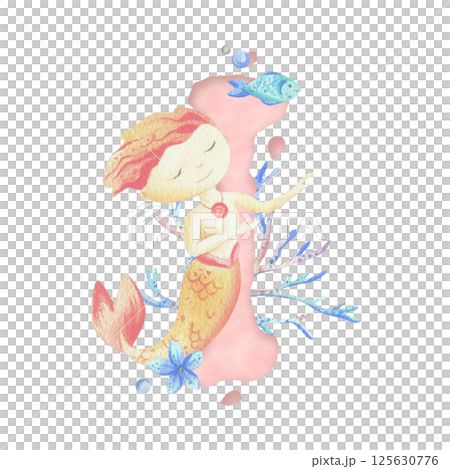 Capital letter of the Latin alphabet I with a mermaid and seaweed, corals, shells, bubbles. In gentle pastel colors of blue, turquoise, coral and pink. Watercolor illustration hand-drawn. Composition Capital letter of the Latin alphabet I with a mermaid and seaweed, corals, shells, bubbles. In gentle pastel colors of blue, turquoise, coral and pink. Watercolor illustration hand-drawn. Composition 125630776