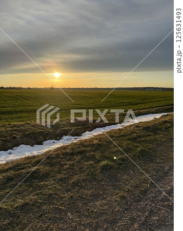 Golden sunset over a green field with last traces of snow Golden sunset over a green field with last traces of snow 125631493