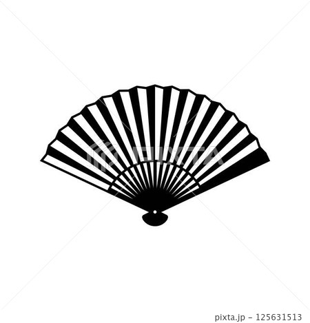 Vintage Japanese and Chinese folding hand fan vector icon, black and white uchiwa bamboo and paper air cooling accessory Vintage Japanese and Chinese folding hand fan vector icon, black and white uchiwa bamboo and paper air cooling accessory 125631513