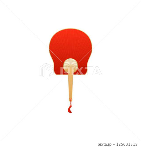 Vintage Japanese and Chinese hand fan decorated with tassel flat vector icon, bamboo and red paper accessory air cooling 125631515