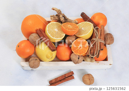 Healthy natural food during flu and colds. Selection of fresh fruits with vitamin C and natural ingredients to strengthen the immune system Organic products to protect against viruses, selective focus 125631562