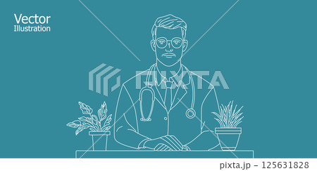 Doctor outline illustration portrait. Stethoscope, tie, glasses, plants decoration details. Healthcare blog medical article clinic website. Linear style front view turquoise background 125631828